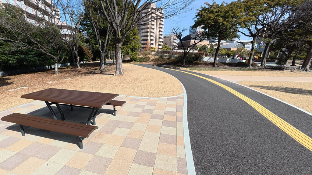 百道中央公園の芝生広場にある休憩用ベンチと歩きやすく舗装された園路