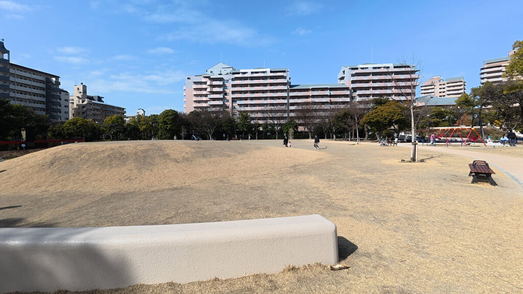 冬の装いでベージュ色に広がる百道中央公園の開放的な芝生エリア