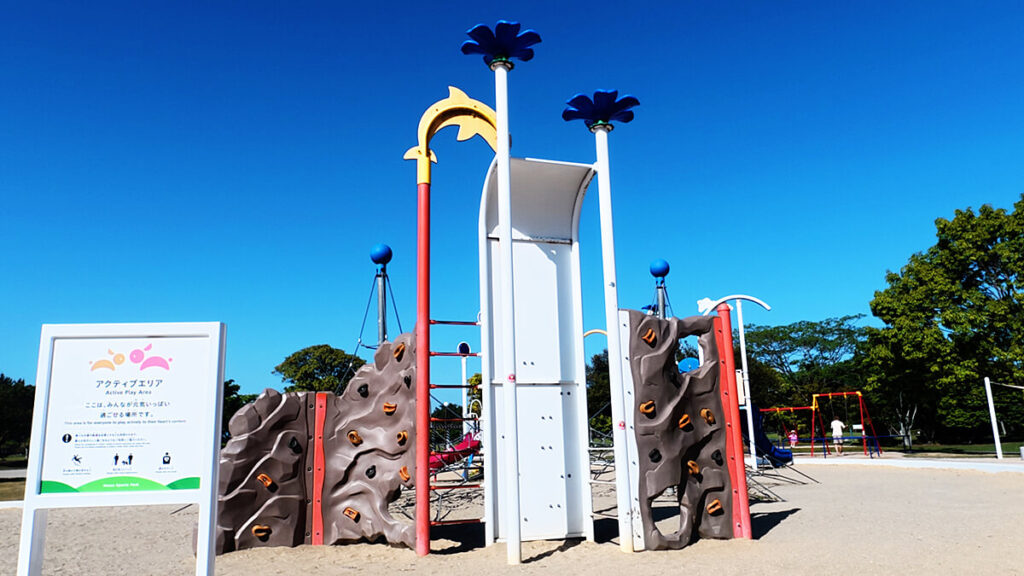 今津運動公園「アクティブエリア」のボルダリング付き遊具。イルカや花の装飾がある壁面遊具。