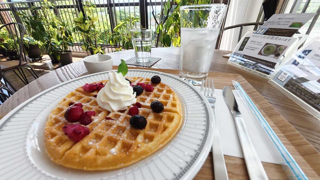HANA cafeの店内で撮影した、ベリーとソフトクリームがのったワッフルとドリンク