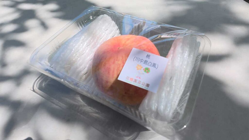 花畑マルシェで販売されていた、緩衝材と容器に入った川中島白桃