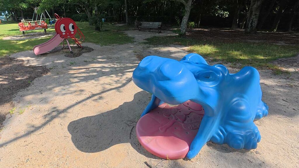 花畑園芸公園の遊具広場にある青いカバ型遊具と、奥に見える昆虫型すべり台