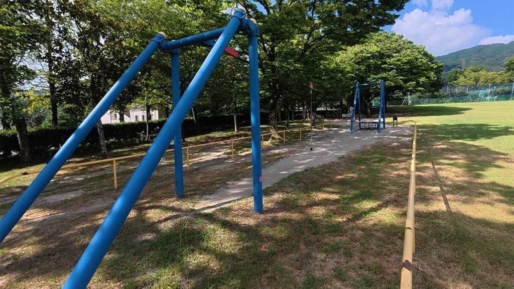 花畑園芸公園の芝生広場横にある、青いフレームからロープが下がる遊具
