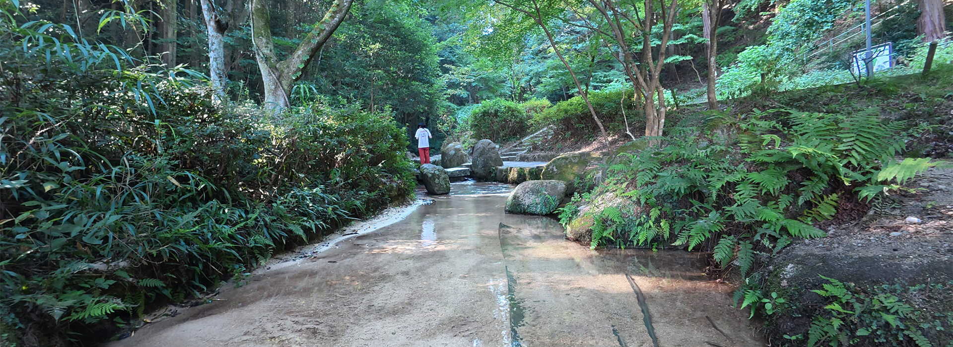 福岡市南区の柏原公園で、木々に囲まれた浅い水路と大きな岩が続く水遊びエリア