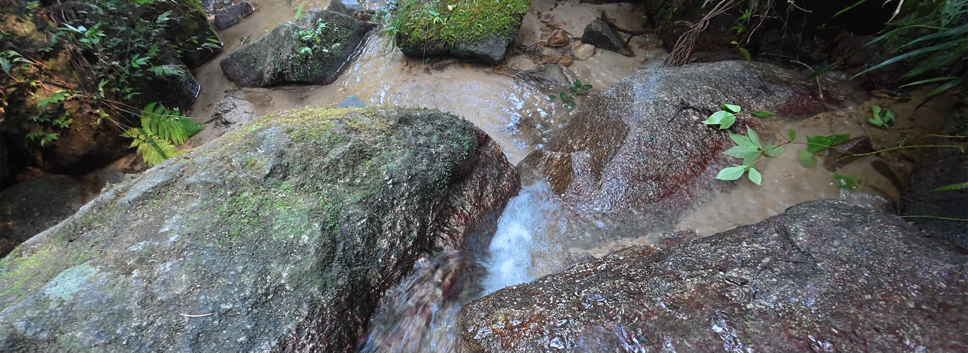柏原公園の水遊び場にある、大きな岩の間を勢いよく流れる水を写した様子