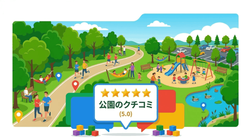 クチコミタイトル、明るい自然豊かな今津運動公園のクチコミビジュアルイラスト