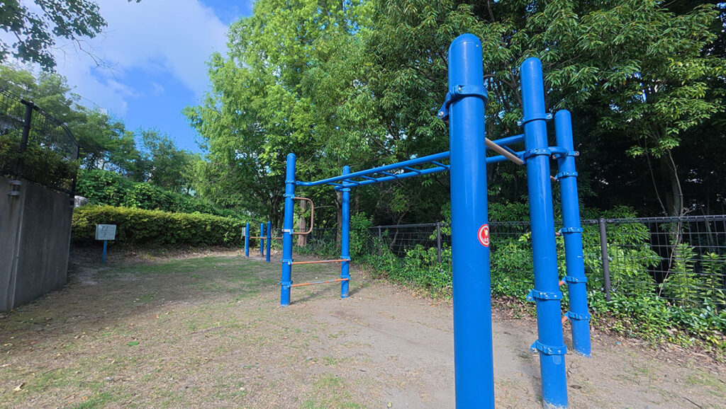 桧原運動公園の健康広場にある青い健康遊具。ぶら下がりやストレッチなど体を動かす運動に使える