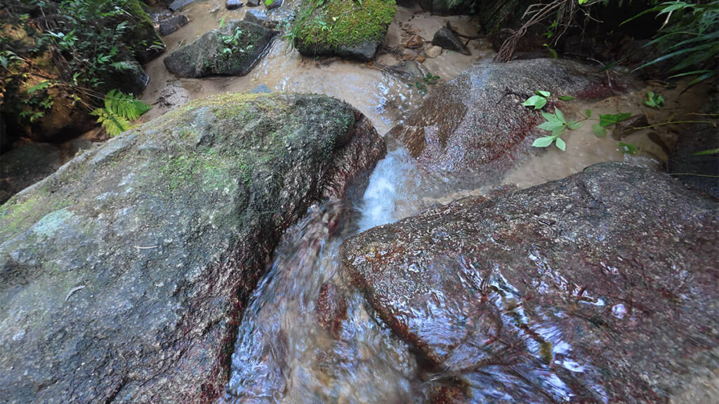 柏原公園の上流で、大きな岩の間を勢いよく流れる水を上から撮影した様子