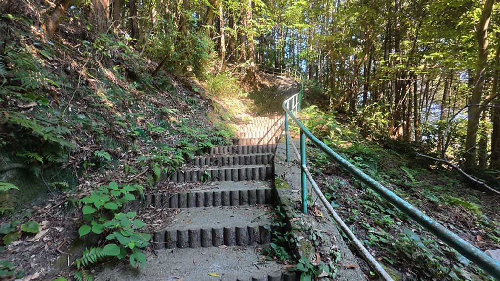 柏原公園の展望台へ向かう、森林の斜面に設けられた手すり付きの長い階段