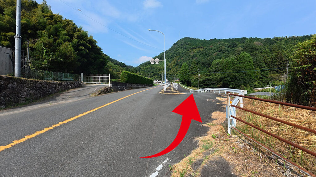 国道263号から野河内渓谷の無料駐車場へ右折する分岐を示す赤い矢印